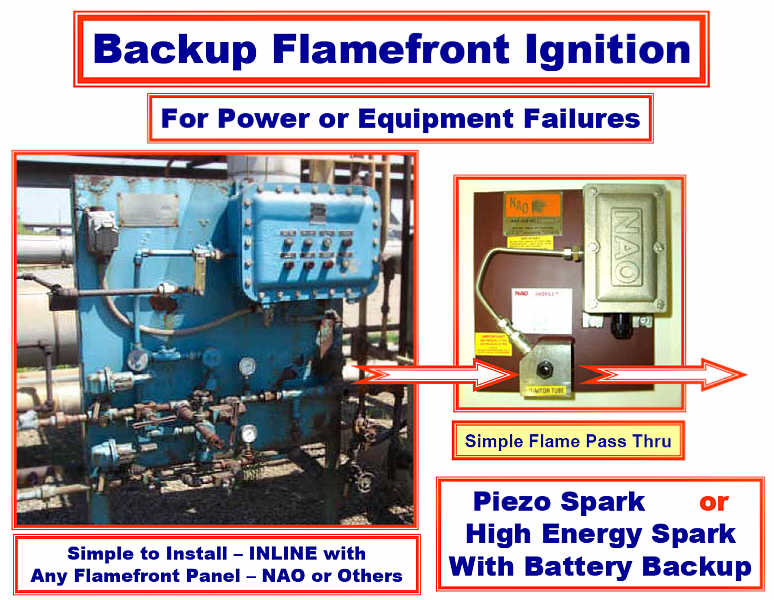NAO BACKUP FLAMEFRONT GENERATOR IGNITOR -- Idea for Equipment or Power Failure -- RELIABLE BACKUP Piezo(Non-Electric) or High Energy Spark with Battery Backup