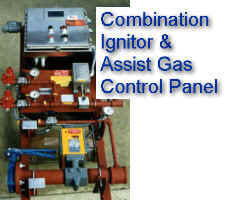 Combination Flamefront Ignition Panel for Flare Pilots with Thermocouple Monitoring and Center Gas Assist Control by means of Electronic Flow Sensor in Waste Gas Header and Control Valve (Waste Gas Flow shown in Weatherproof Window on Control Panel Box)