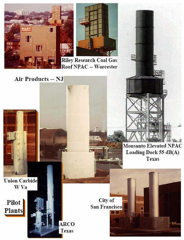 Enclosed Flars for Coal Gasification in Worcestor, MASS, Elevated NPAC for BARGE LOADING - very low noise 55 dBA -- Pilot Plant Units , Ethylene Unit for Air Products, Digestor Unit for San Francisco