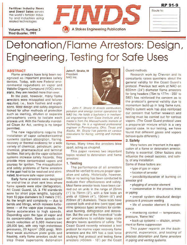 Finds - Stokes Engineering Publication Vol IV, Number 3, Third Quarter, 1991  NAO Article RP 91-9 FLAME ARRESTORS Page 1 of 6