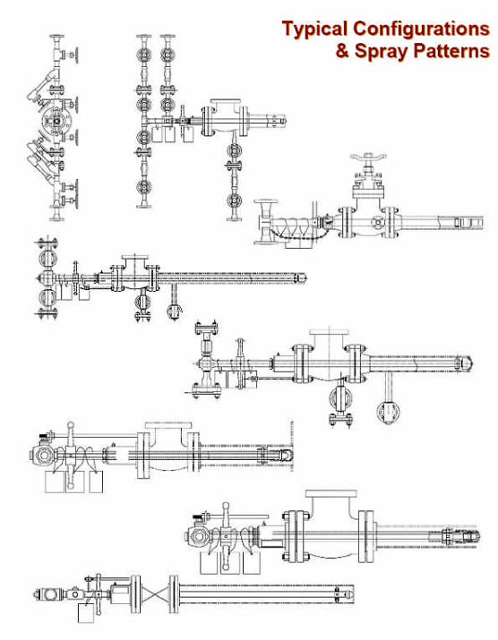NAO Process Sprayers - Typical Configurations & Spray Patterns  Torch Oil TYPE F  Water Quench  Regenerator Overhead  Black Liquor  Flat Spray  Conical Hollow Spray  Wide Spray  Angle Spray