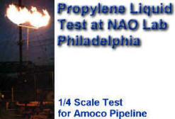 Propylene liquid flare test for Amoco Pipeline Texas -- test done at night to better see the flame and atomization of the burners